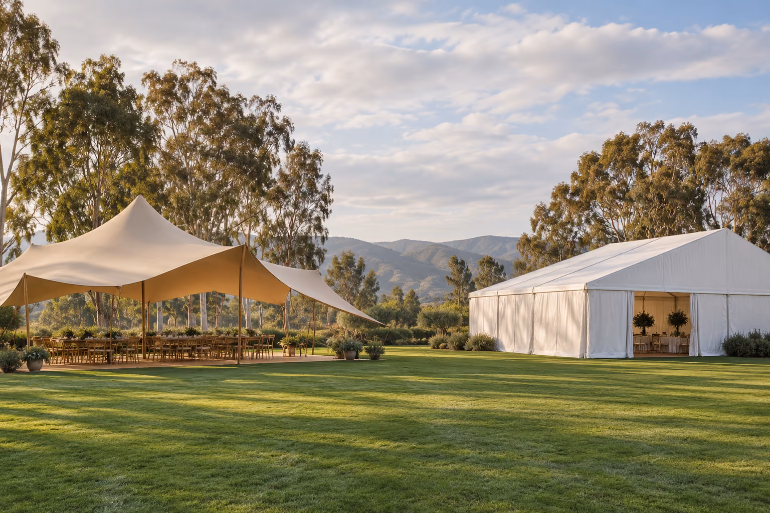 Illustration comparing the shapes of an open stretch tent and a traditional framed marquee.