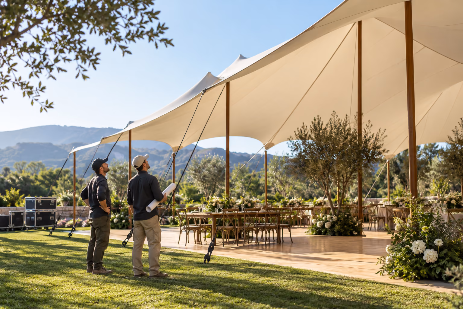 Illustration of two event crew members inspecting an erected stretch canopy.