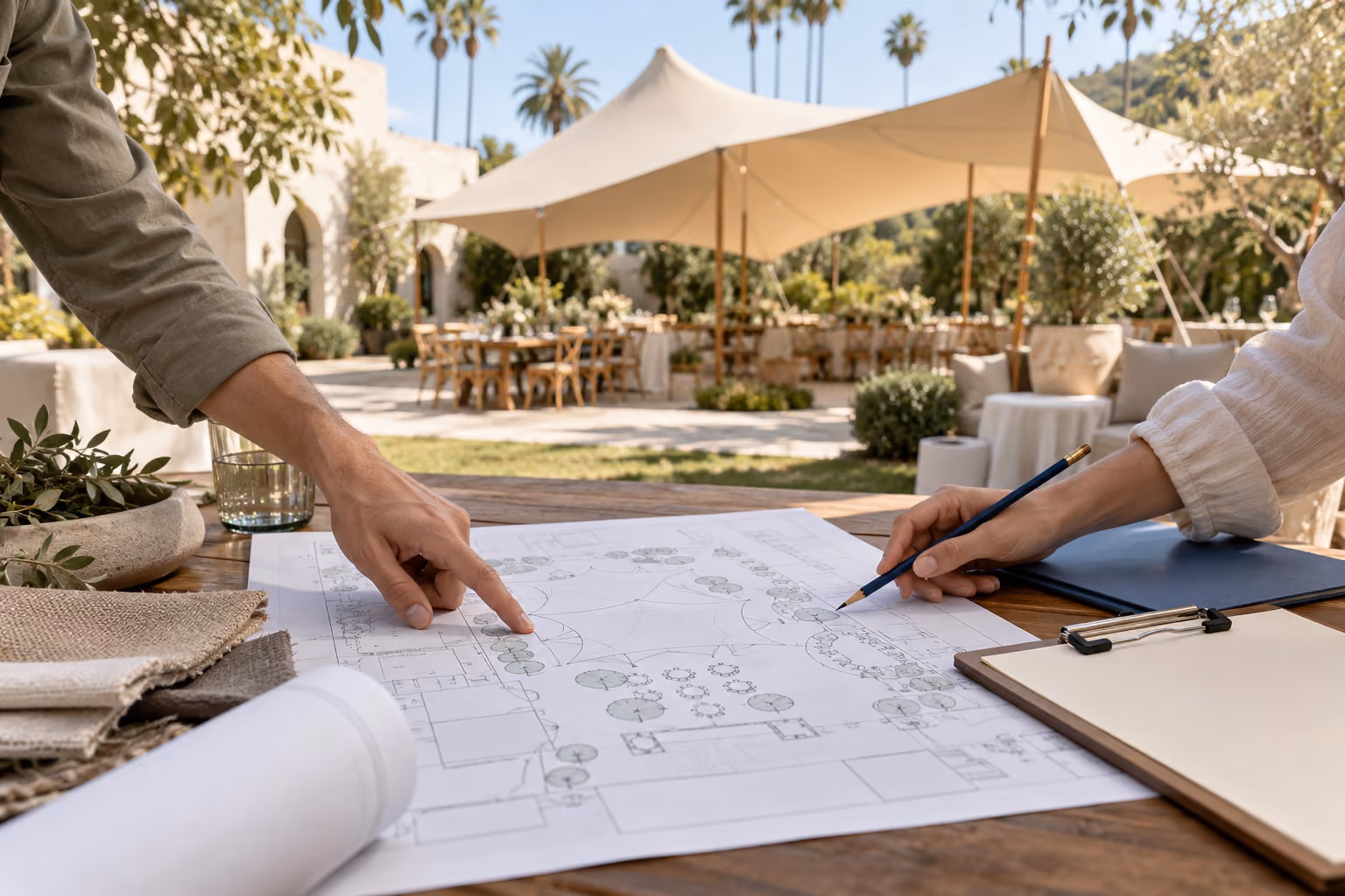Illustration of two planners reviewing a site drawing with a courtyard tent behind them.