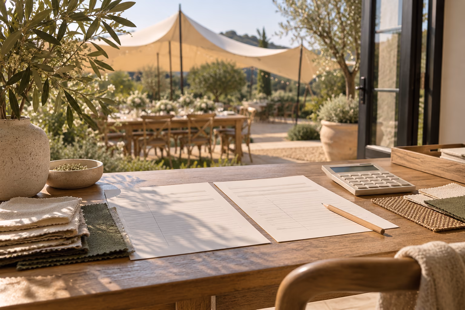 Illustration of quotation sheets, fabric samples and a calculator beside a garden reception.