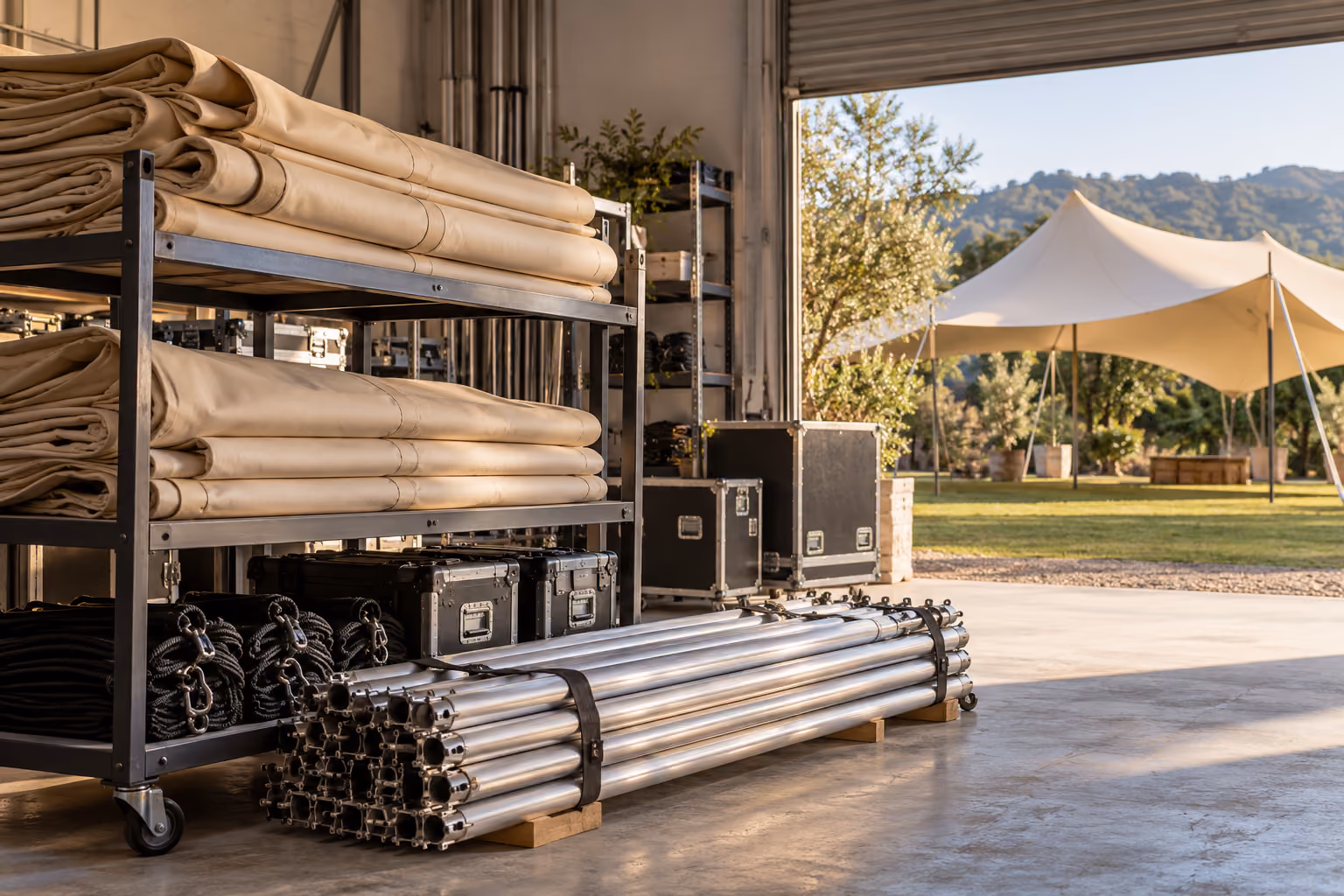 Illustration of folded tent canvas, poles and cases stored in an equipment workshop.