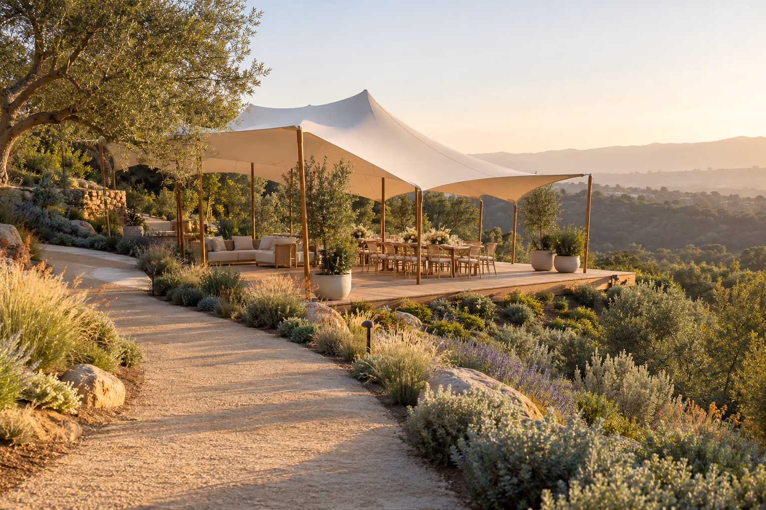 Illustration of a level tent terrace beside a sloping garden path.