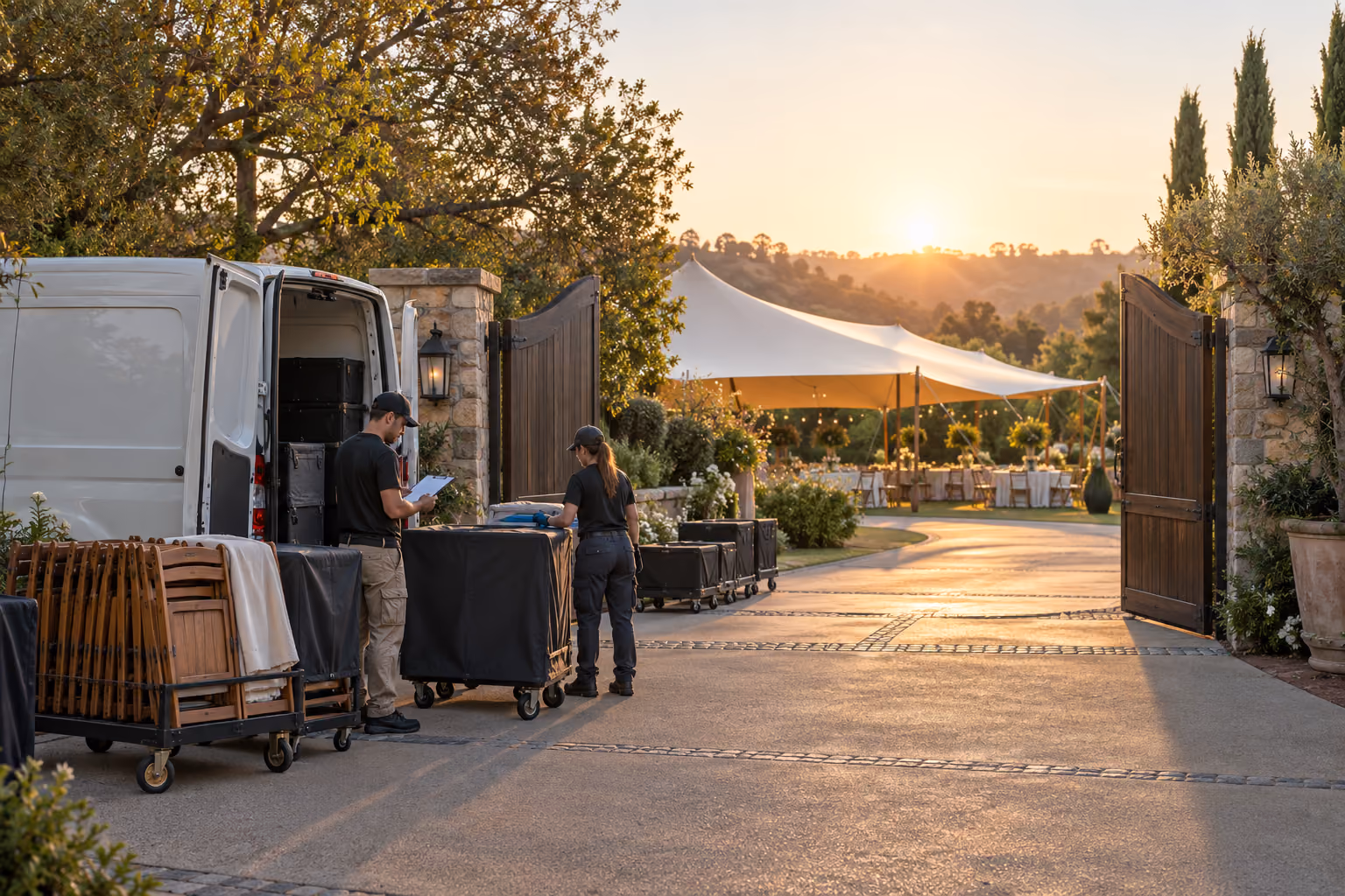 Illustration of event crew organizing delivery carts beside a venue entrance.