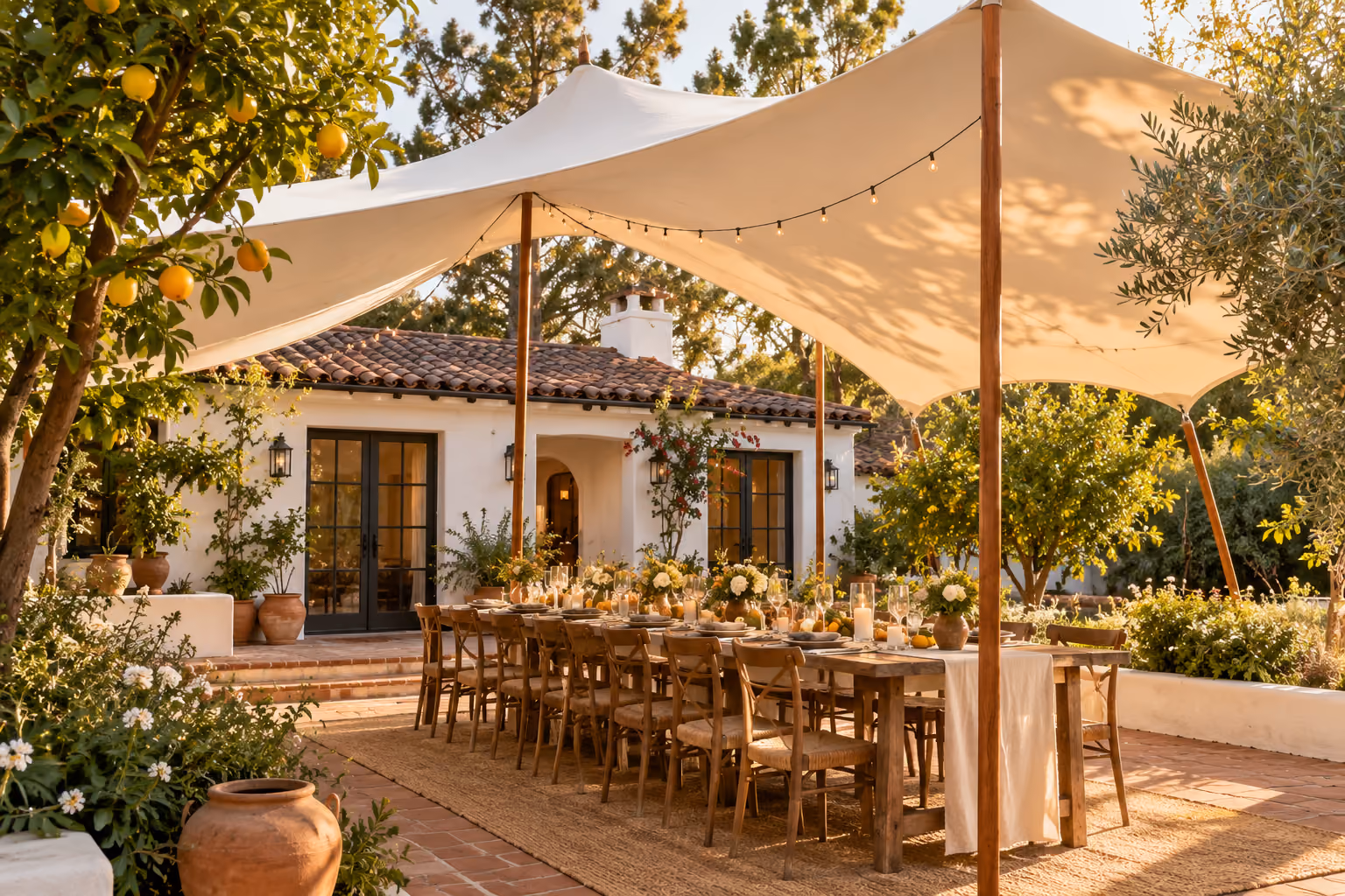 Illustration of a small backyard wedding reception beside a California home.