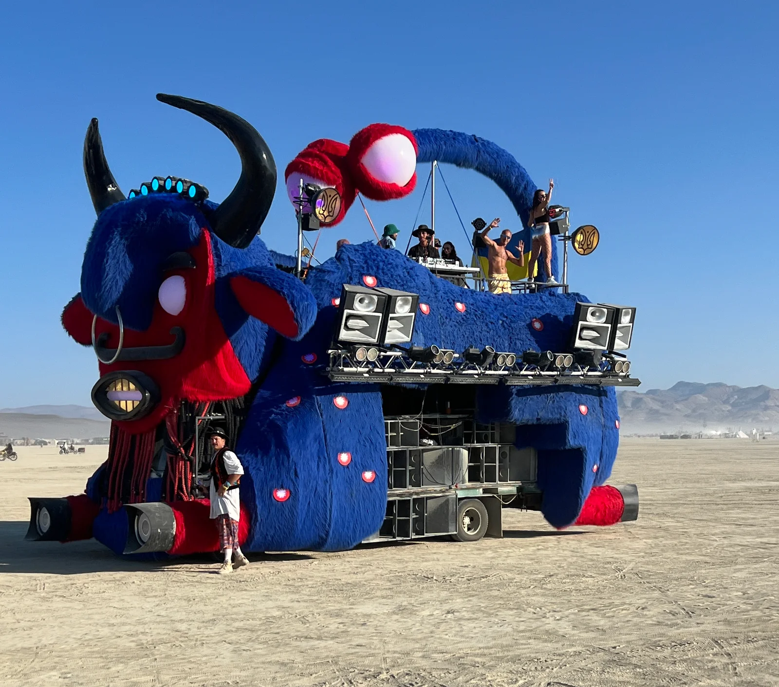 Our Blue Bull art car at Burning Man, with its blue bull body, DJ deck, speakers and lighting