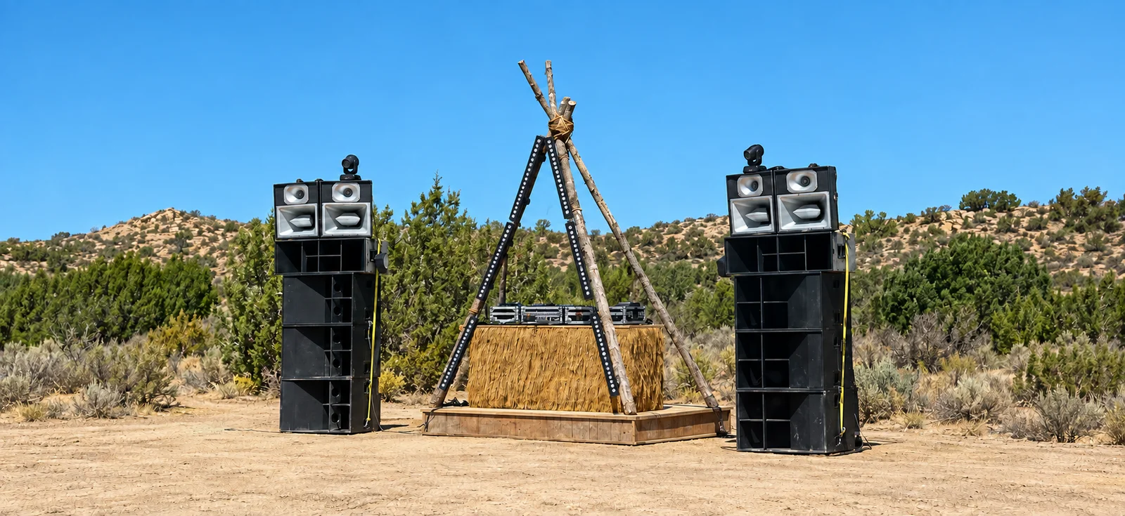 Blue Bull speaker stacks and DJ booth with six light bars at RE:WIND Festival