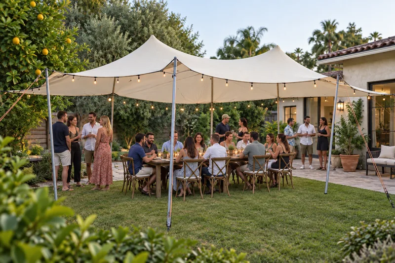 An intimate backyard dinner beneath an ivory stretch canopy beside a house