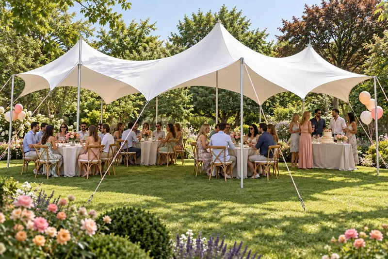 A garden birthday lunch under a high-peaked stretch tent with round dining tables