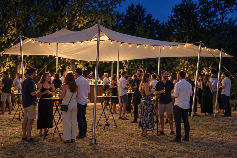 An evening cocktail gathering under a stretch tent with string lights