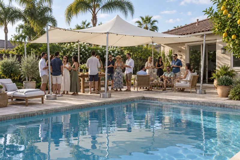 Guests chatting under a compact stretch canopy on a poolside patio