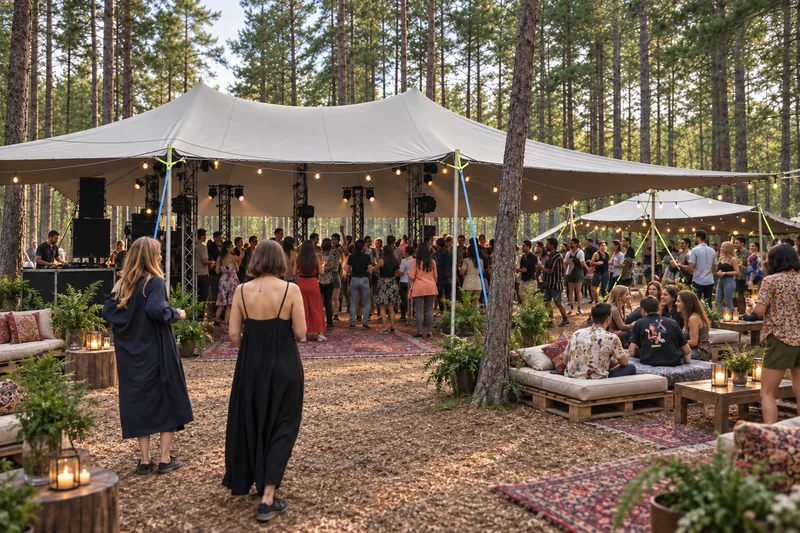 A woodland party with a large stretch tent and a separate lounge canopy