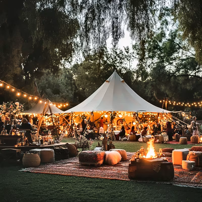 Autumn wedding lounge with fire pit under a lit canopy