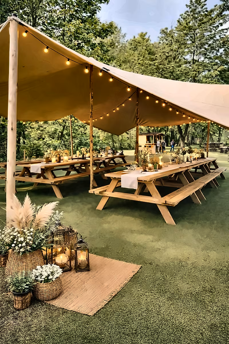 Stretch tent over picnic tables with string lights and lanterns
