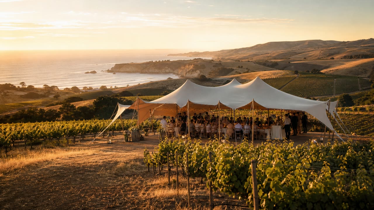 Stretch tent at a coastal California vineyard overlooking countryside and the Pacific
