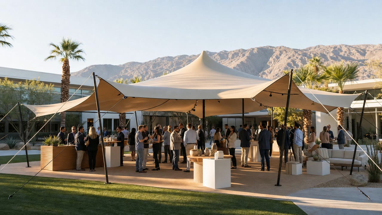 Corporate networking reception beneath a stretch tent in Palm Springs