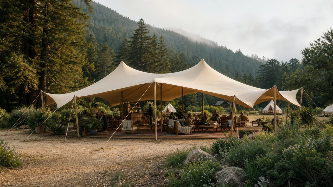 Communal stretch-tent lodge at a California glamping retreat