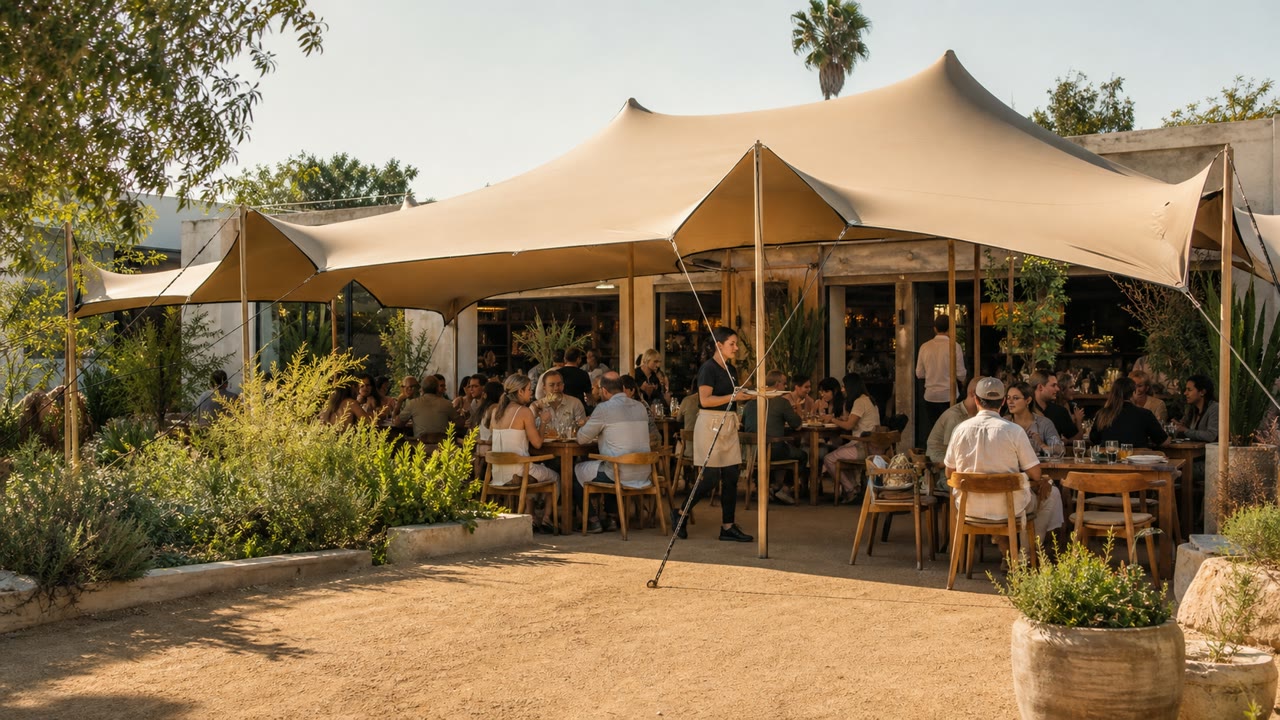 Guests dining beneath a stretch tent on a California restaurant terrace