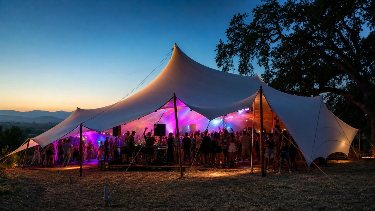 Guests dancing at a rave inside an open-sided stretch tent in California