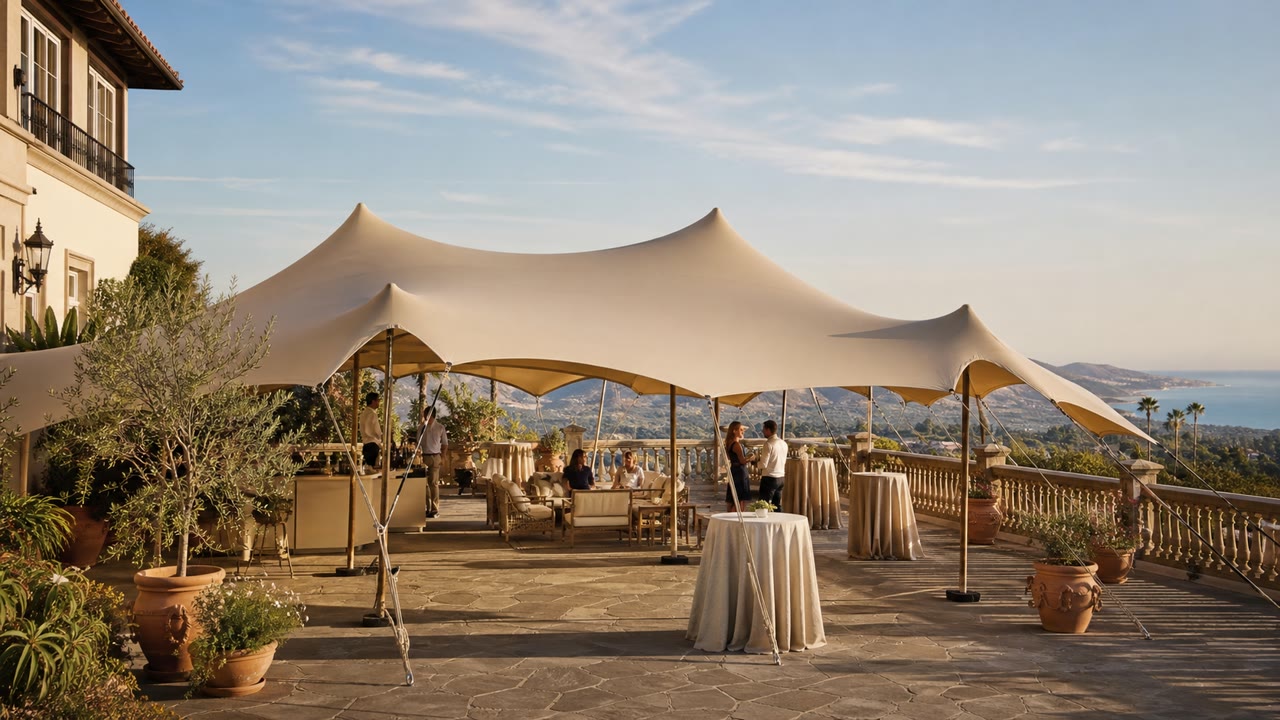 Stretch tent shading an ocean-view terrace in Santa Barbara
