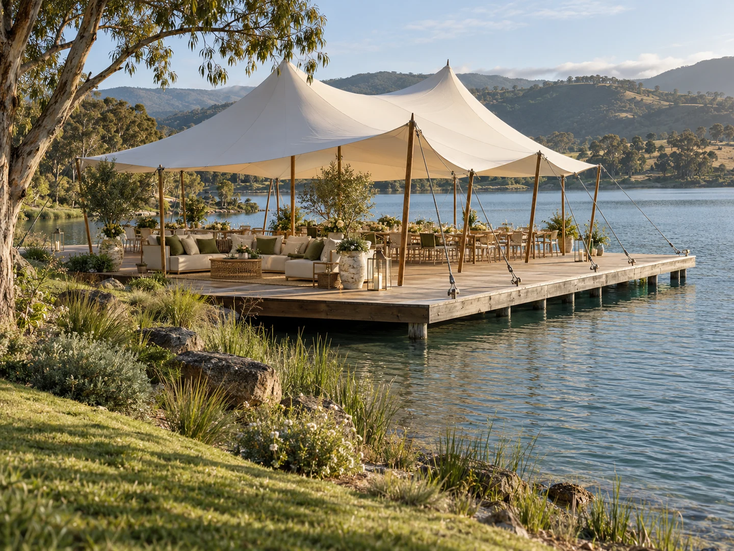 Raised stretch canopy with open sides over a lakeside deck