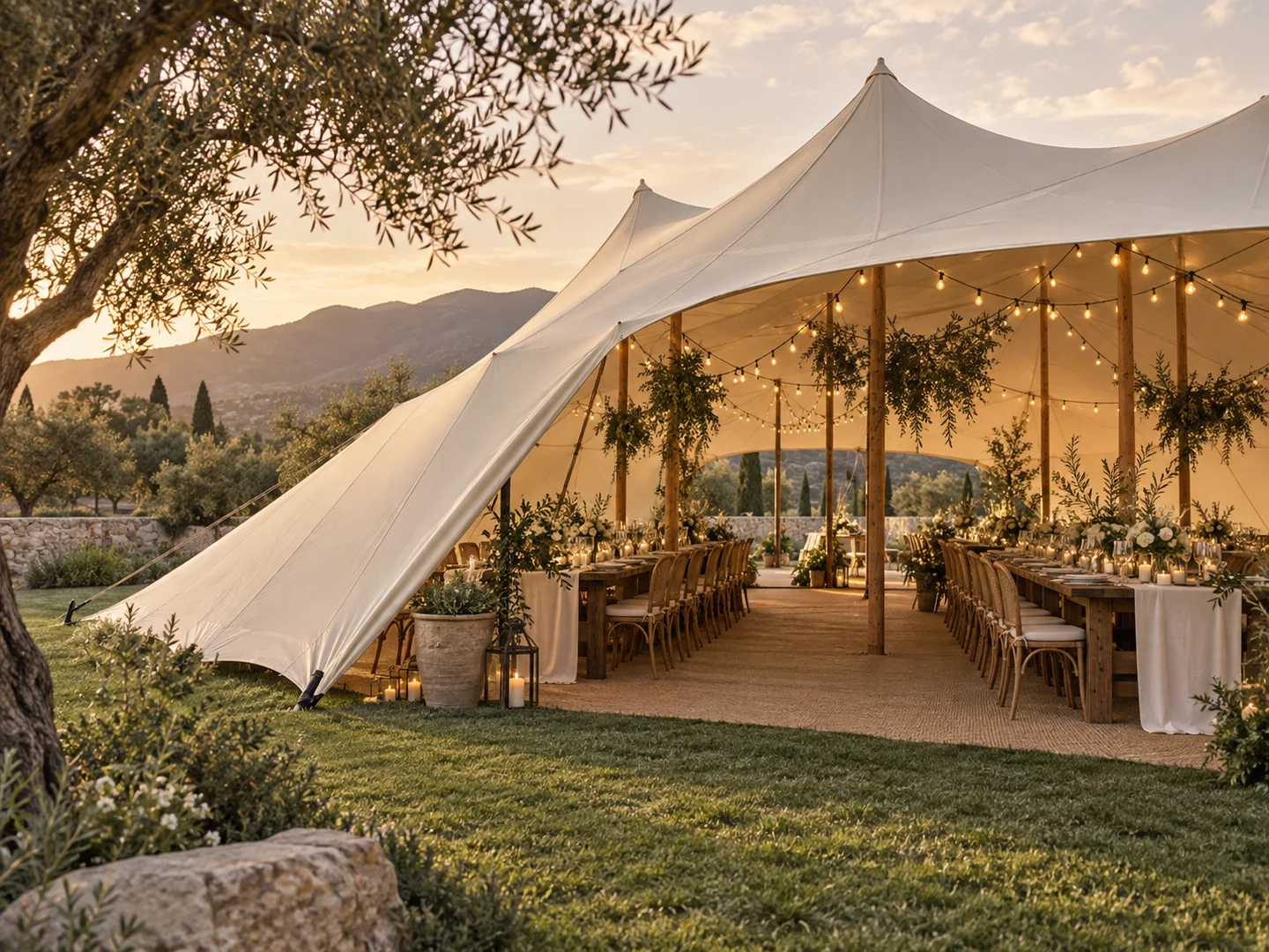 Garden stretch canopy with lowered side edges and a broad entrance